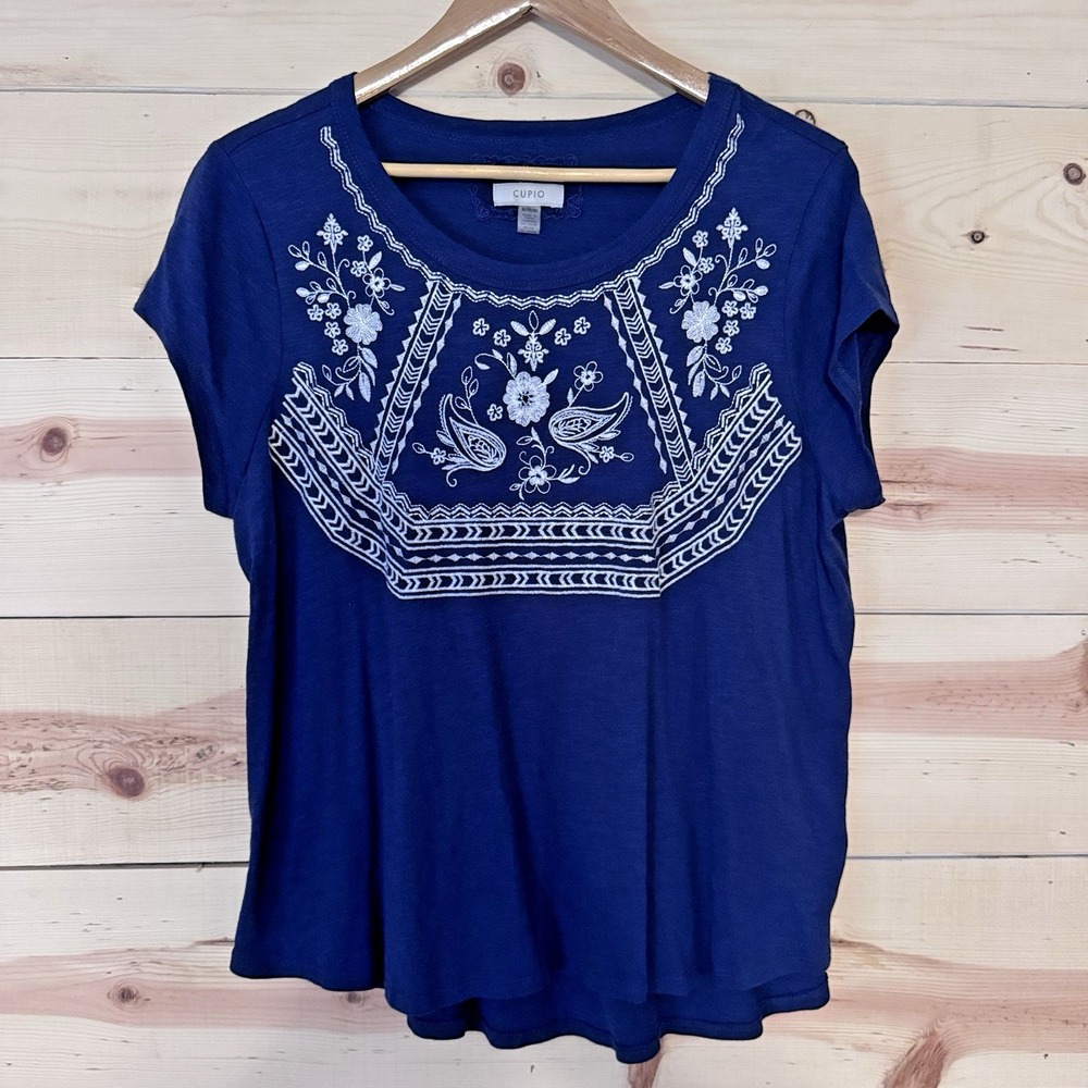 Cupio Women's XL Navy Blue Embroidered Paisley Short Sleeve Top